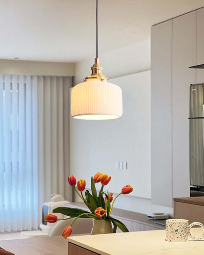 Ribbed Ceramic Shade Pendant Light For Ambient Lighting