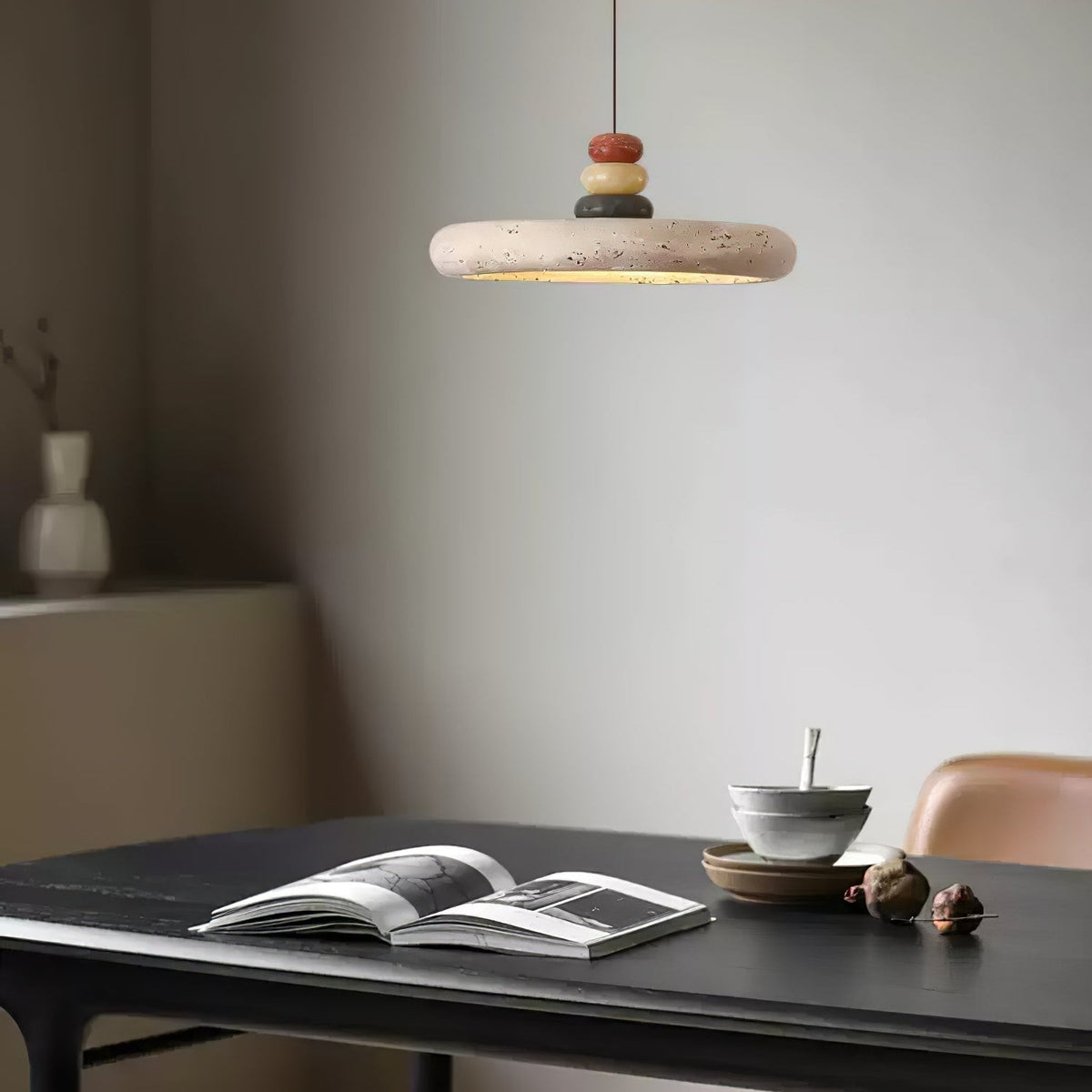 Warm Ambience Yellow Travertine Disc Pendant Light