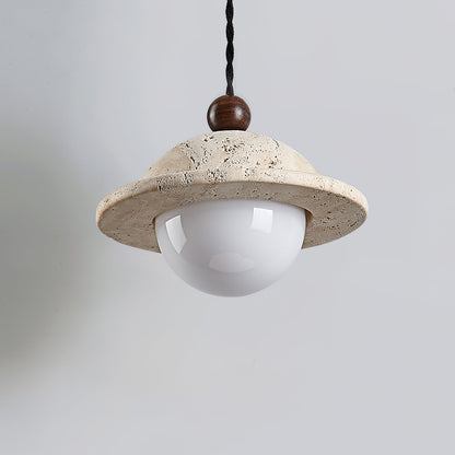 Walnut Accent Travertine Dome Donut Pendant Light