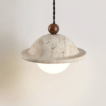 Walnut Accent Travertine Dome Donut Pendant Light