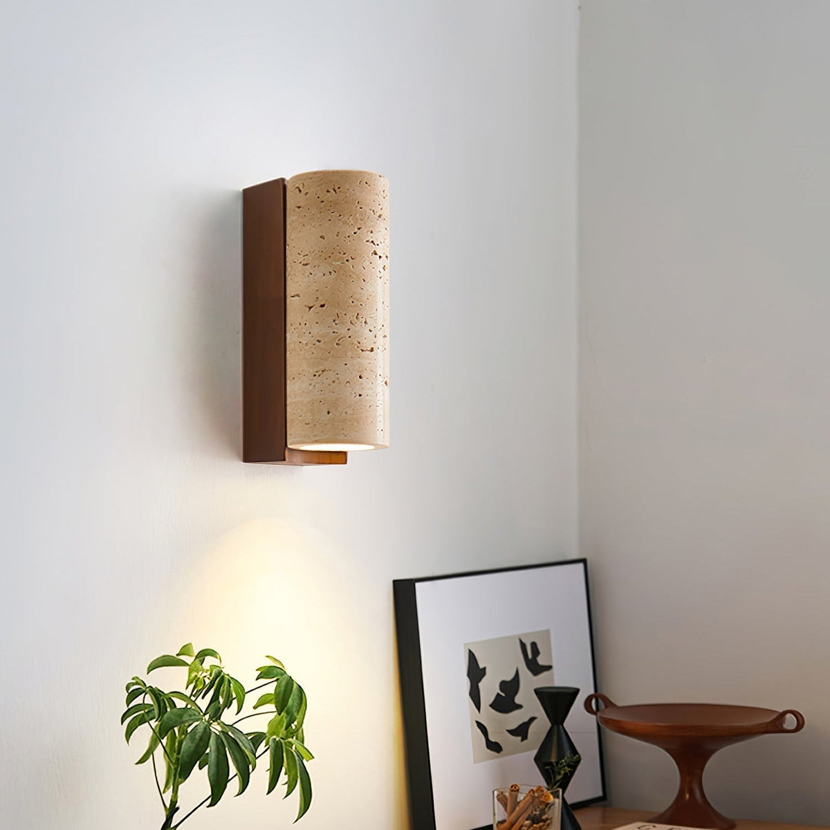 Wood Accent Wall Light With Curved Travertine