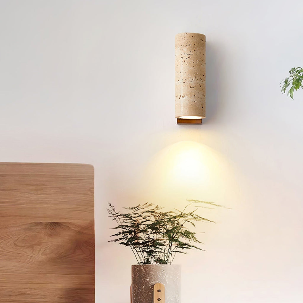 Wood Accents With Curved Travertine Wall Lamp