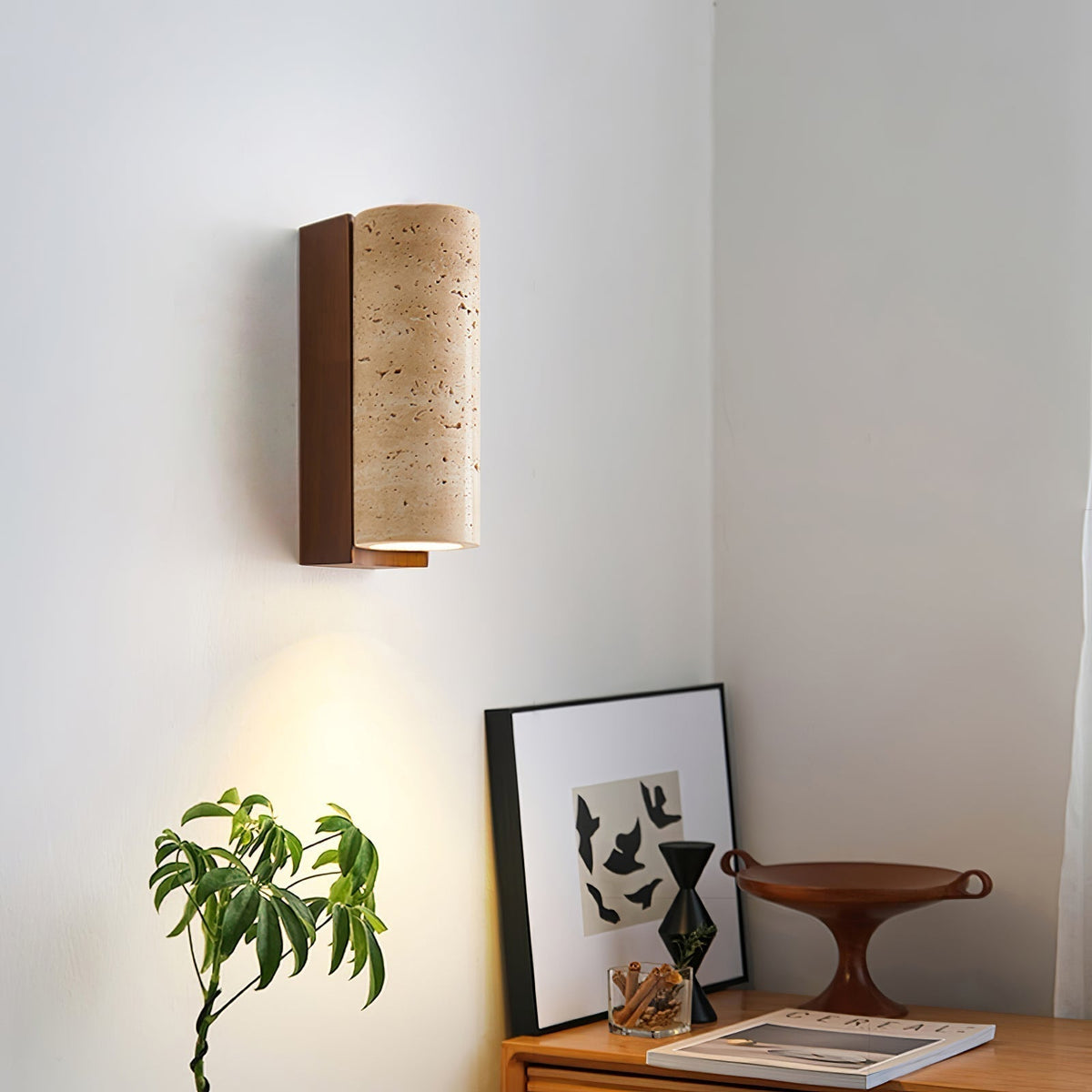 Wood Accent Wall Light With Curved Travertine