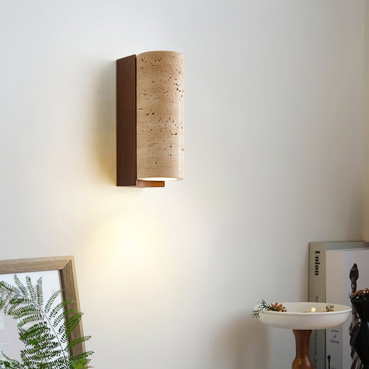 Wood Accent Wall Light With Curved Travertine
