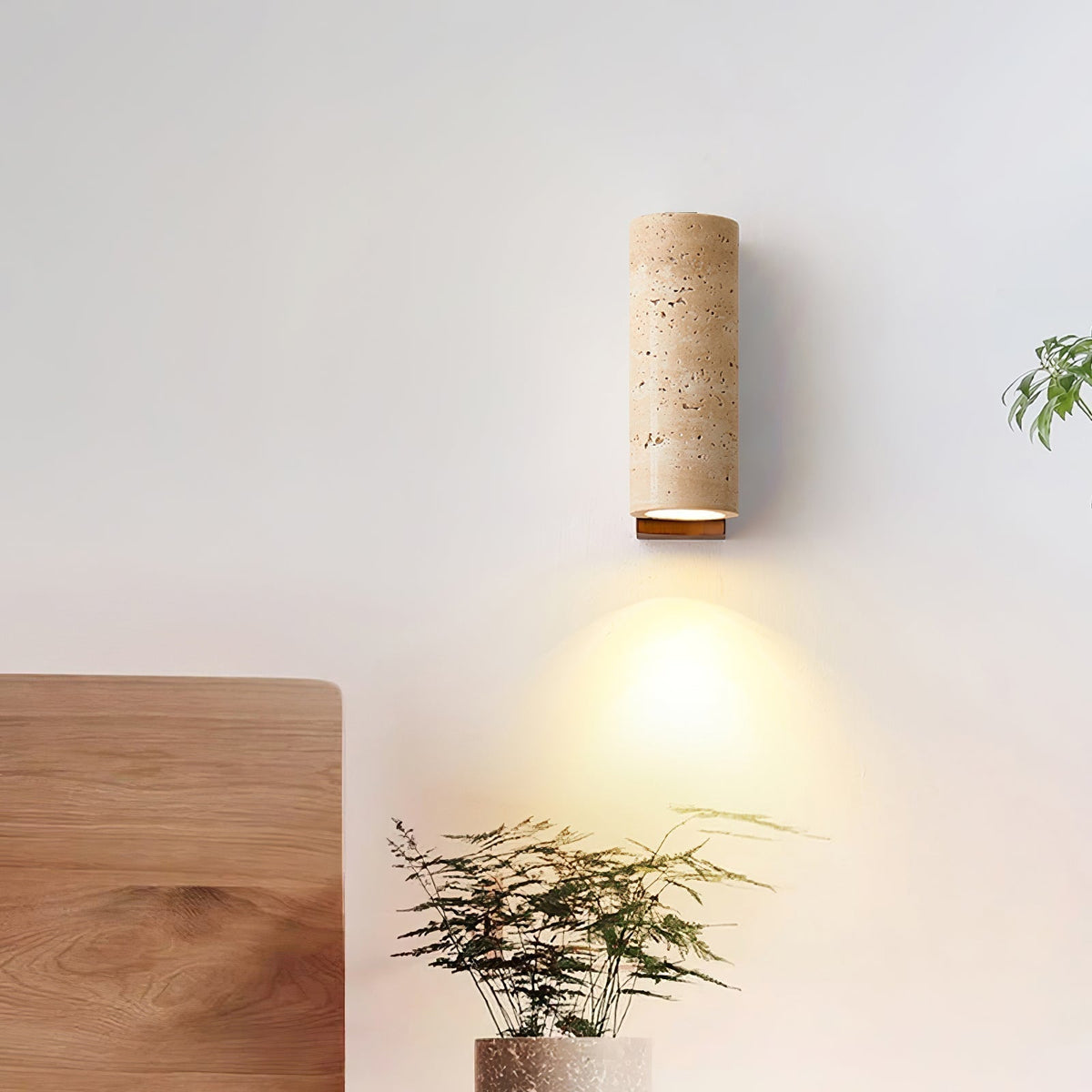 Wood Accent Wall Light With Curved Travertine