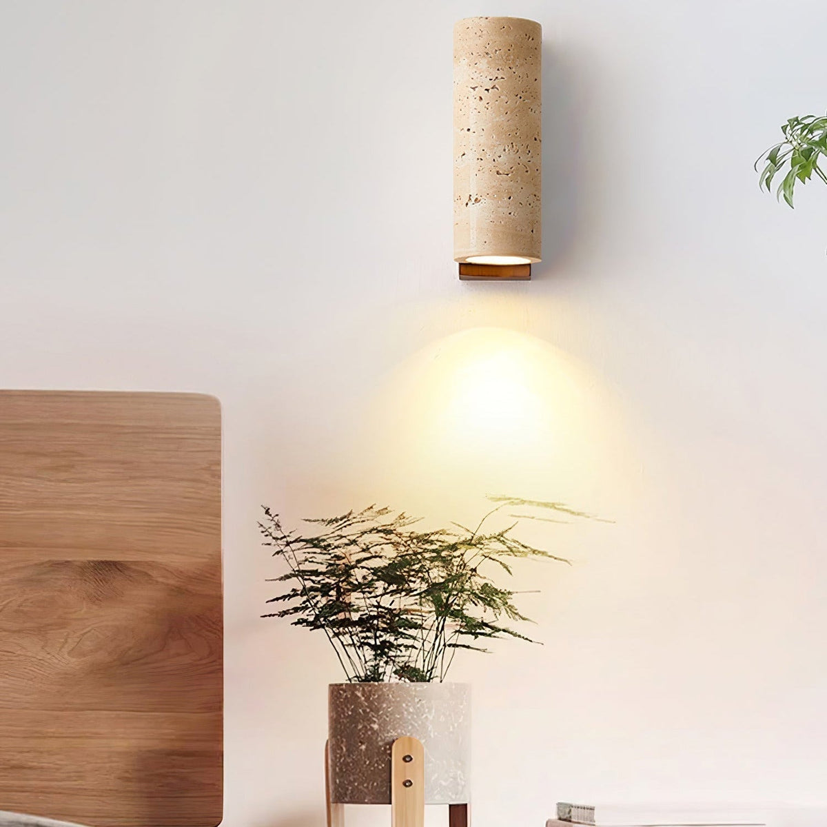 Wood Accent Wall Light With Curved Travertine