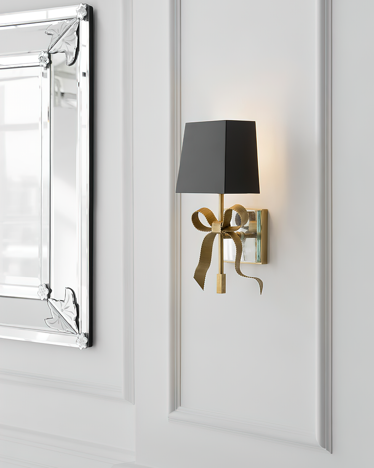 Wall Light With Brass Bow Accent And Noir Fabric Shade