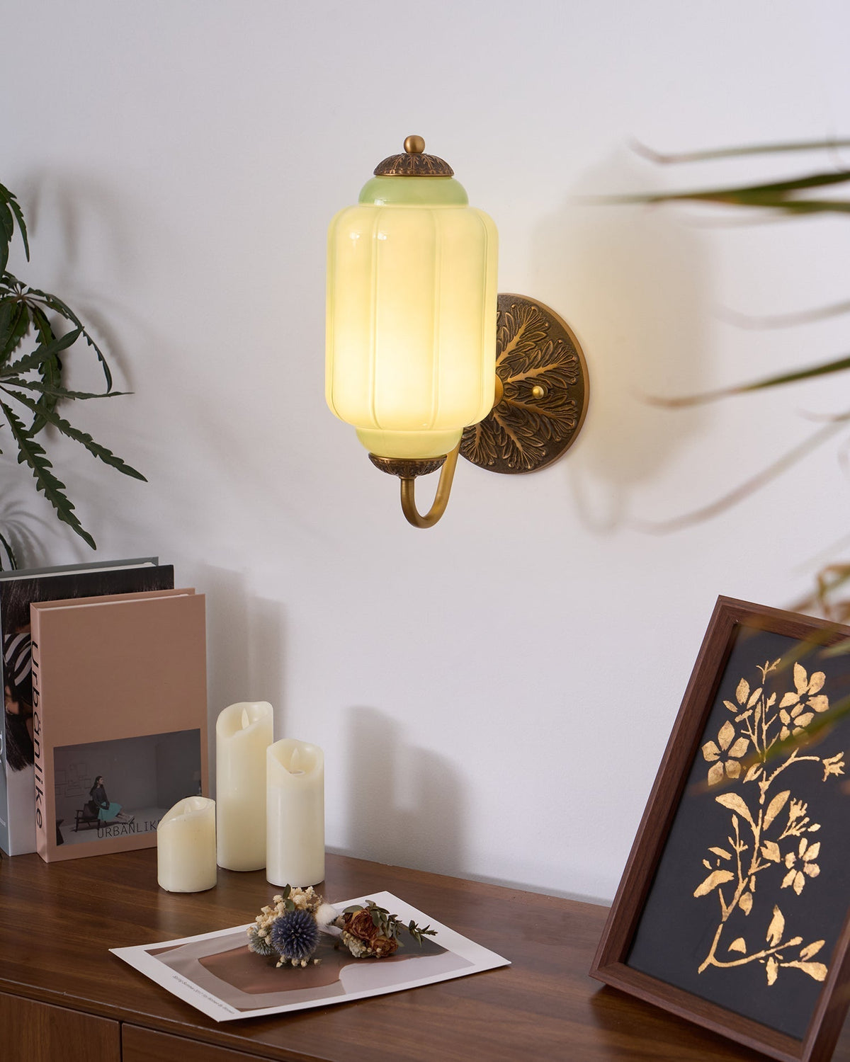 Glass Wall Sconce With Brass Frame Timeless Pink