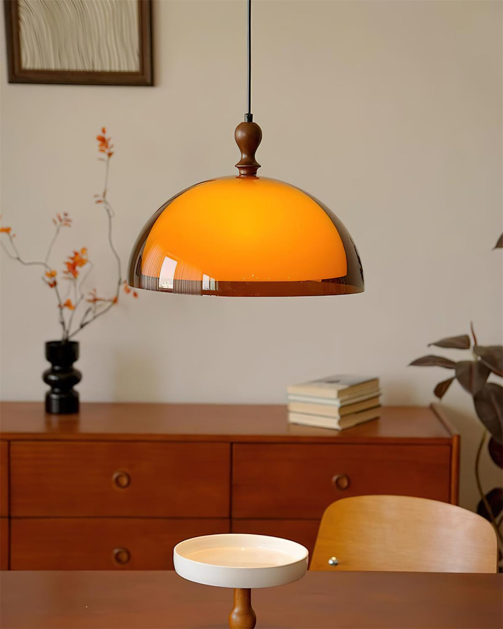Pendant Lamp With Warm Glow Amber Glass Walnut Wood