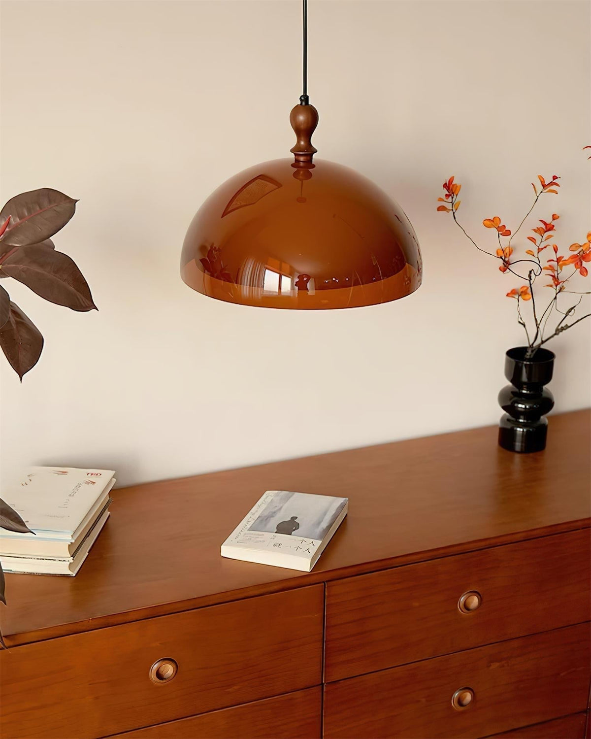 Pendant Lamp With Warm Glow Amber Glass Walnut Wood