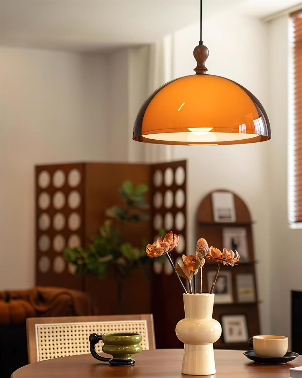 Pendant Lamp With Warm Glow Amber Glass Walnut Wood