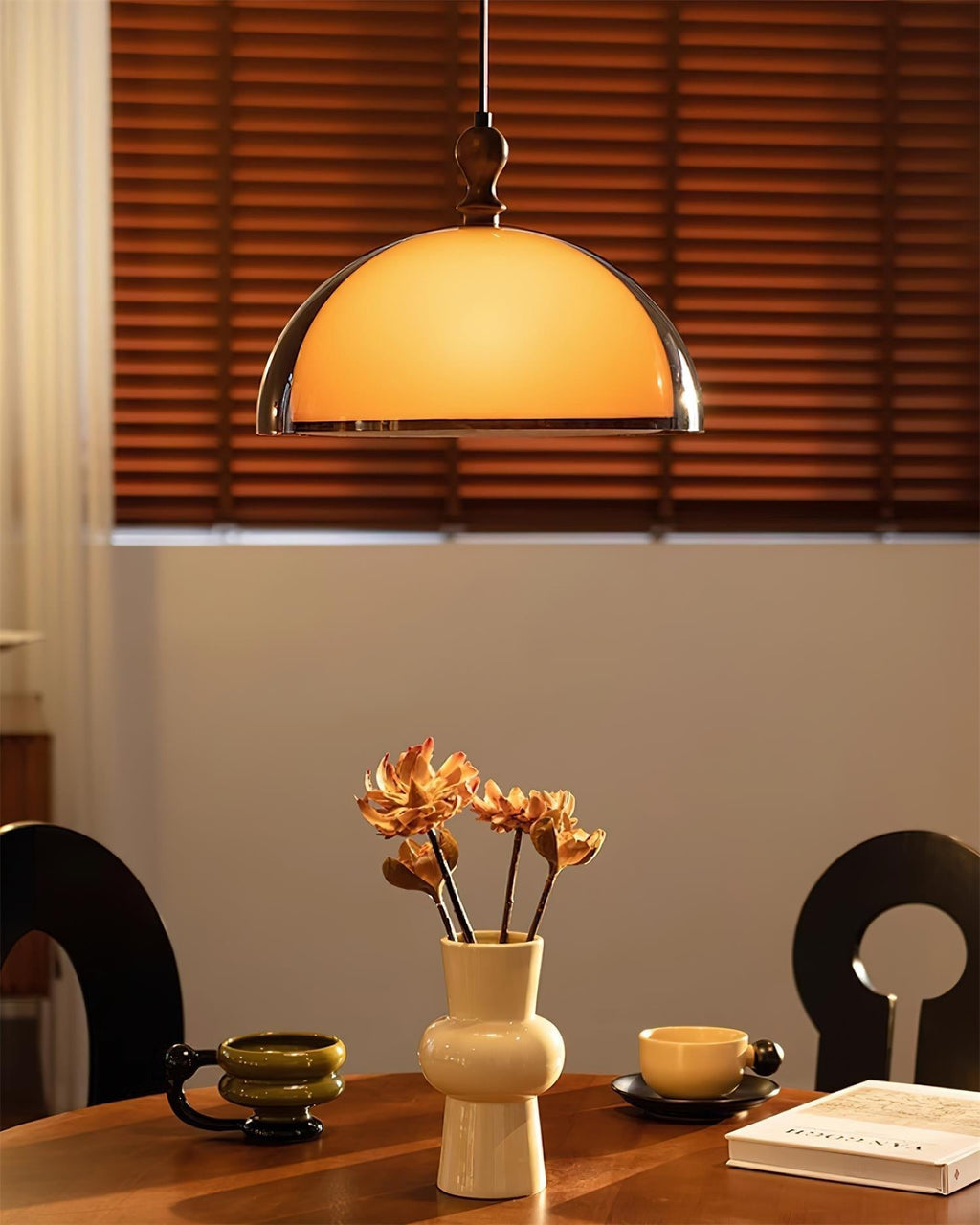 Pendant Lamp With Warm Glow Amber Glass Walnut Wood