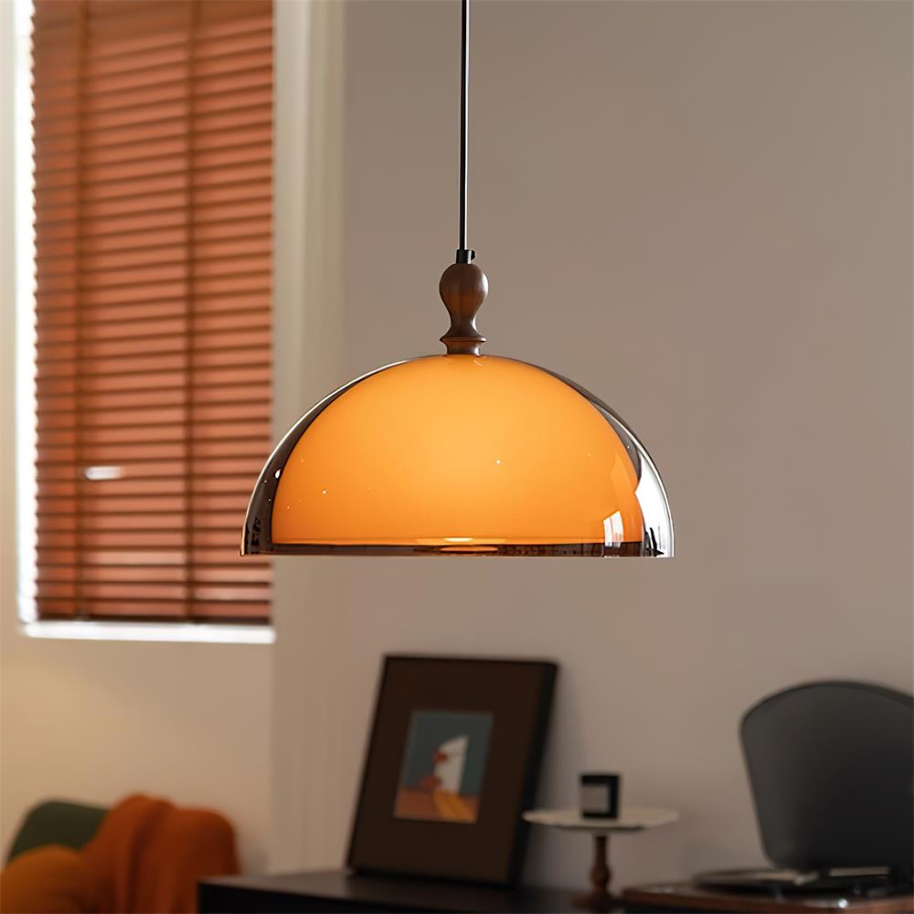 Pendant Lamp With Warm Glow Amber Glass Walnut Wood