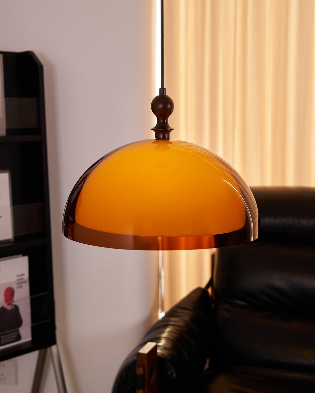 Pendant Lamp With Warm Glow Amber Glass Walnut Wood