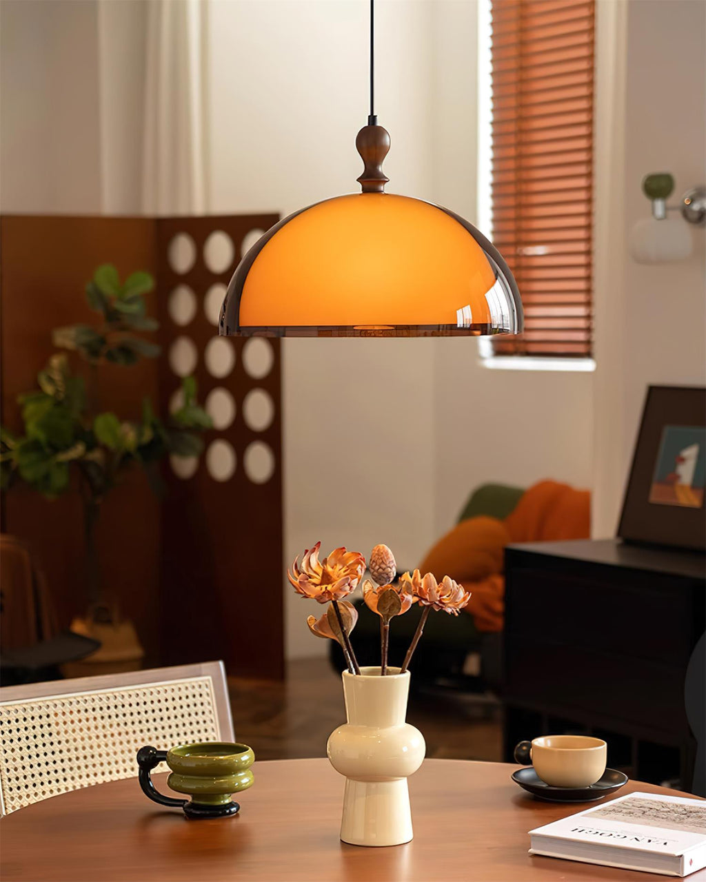 Pendant Lamp With Warm Glow Amber Glass Walnut Wood