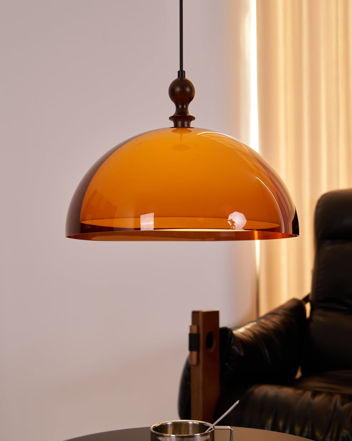 Pendant Lamp With Warm Glow Amber Glass Walnut Wood