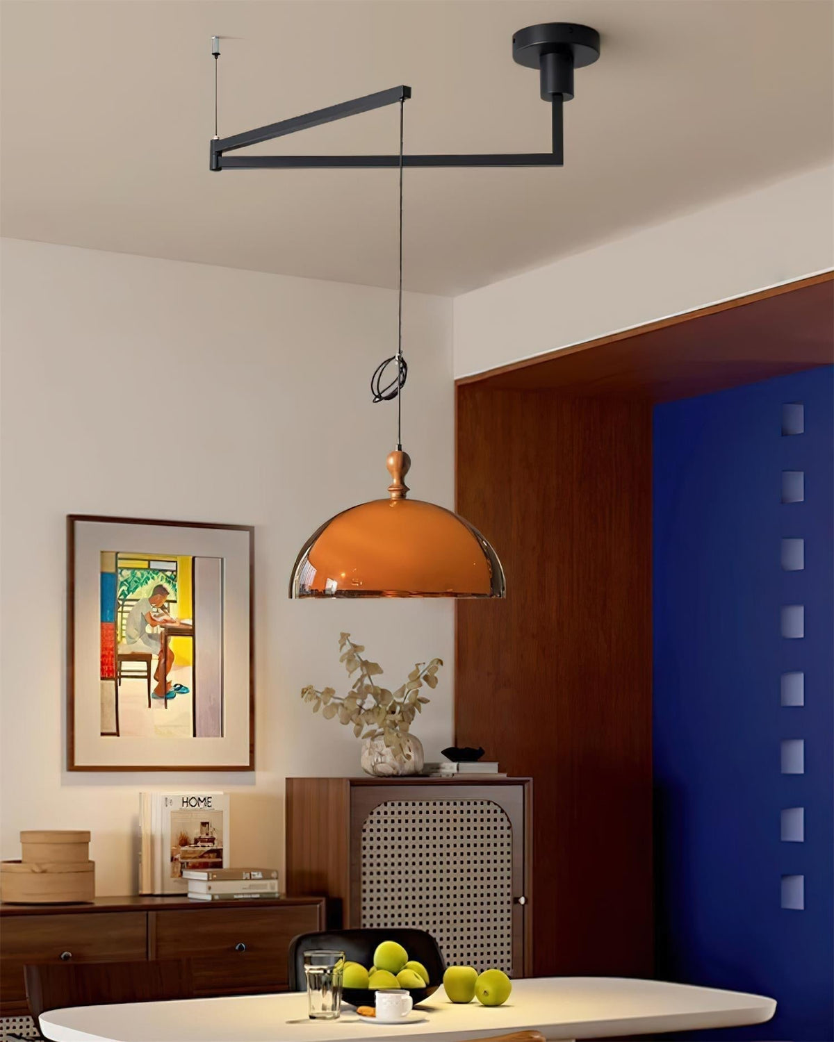 Pendant Lamp With Wood Accents And Adjustable Swing Arm For Ambient Lighting