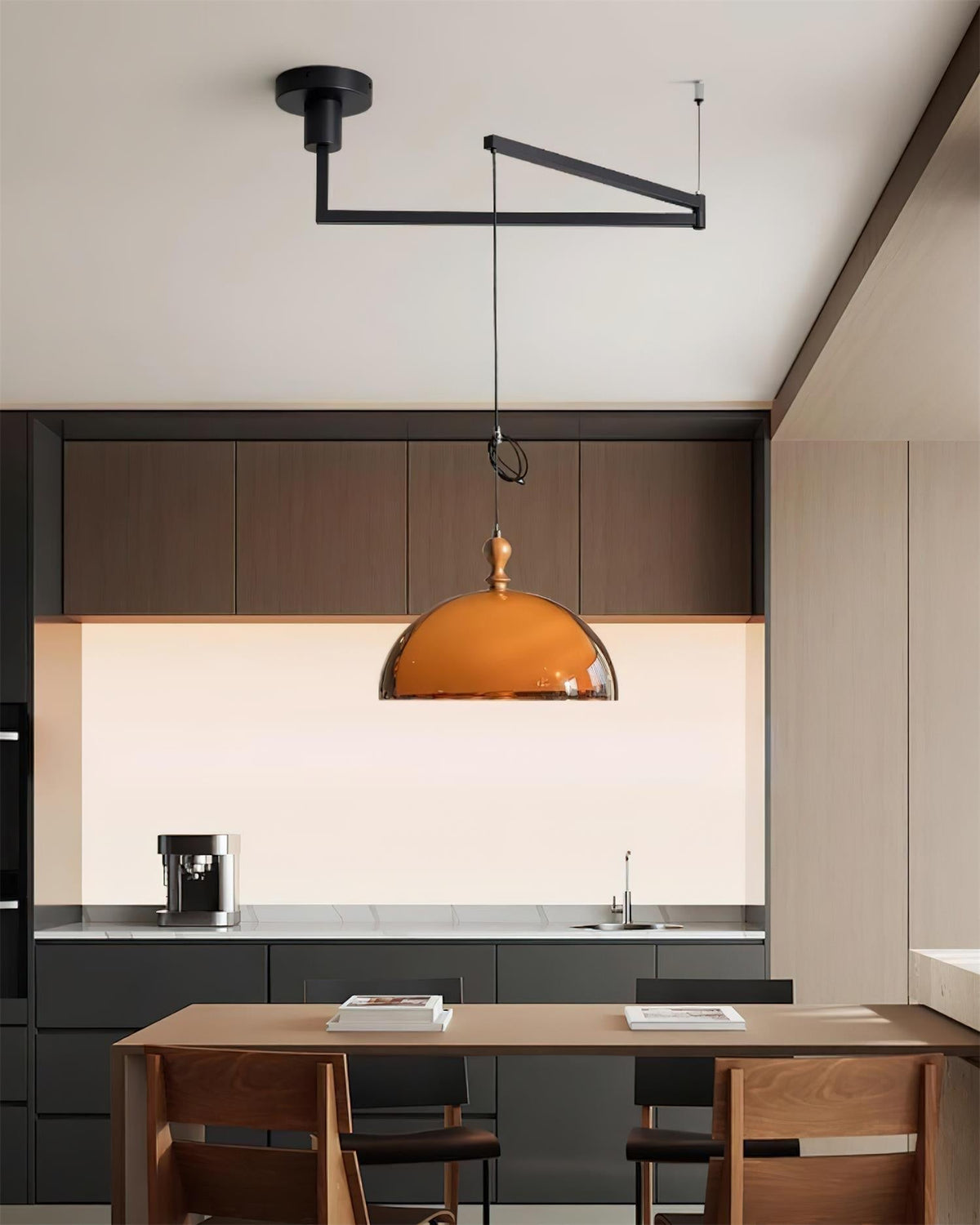 Pendant Lamp With Wood Accents And Adjustable Swing Arm For Ambient Lighting