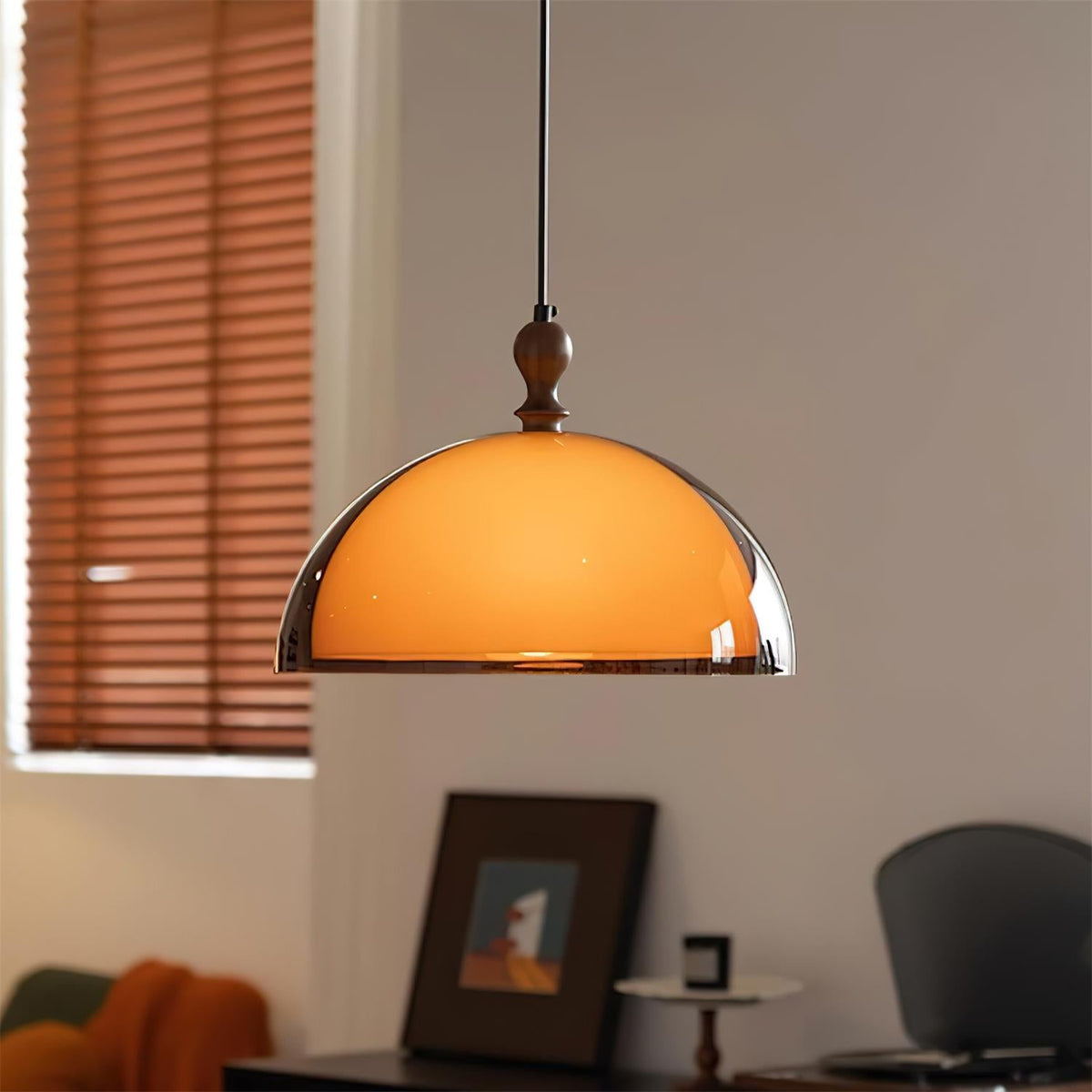 Pendant Lamp With Wood Accents And Adjustable Swing Arm For Ambient Lighting