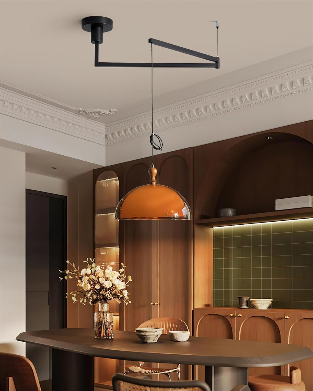 Pendant Lamp With Wood Accents And Adjustable Swing Arm For Ambient Lighting