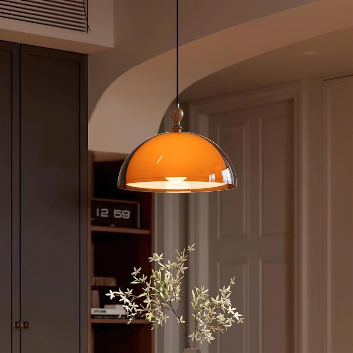 Pendant Lamp With Wood Accents And Adjustable Swing Arm For Ambient Lighting