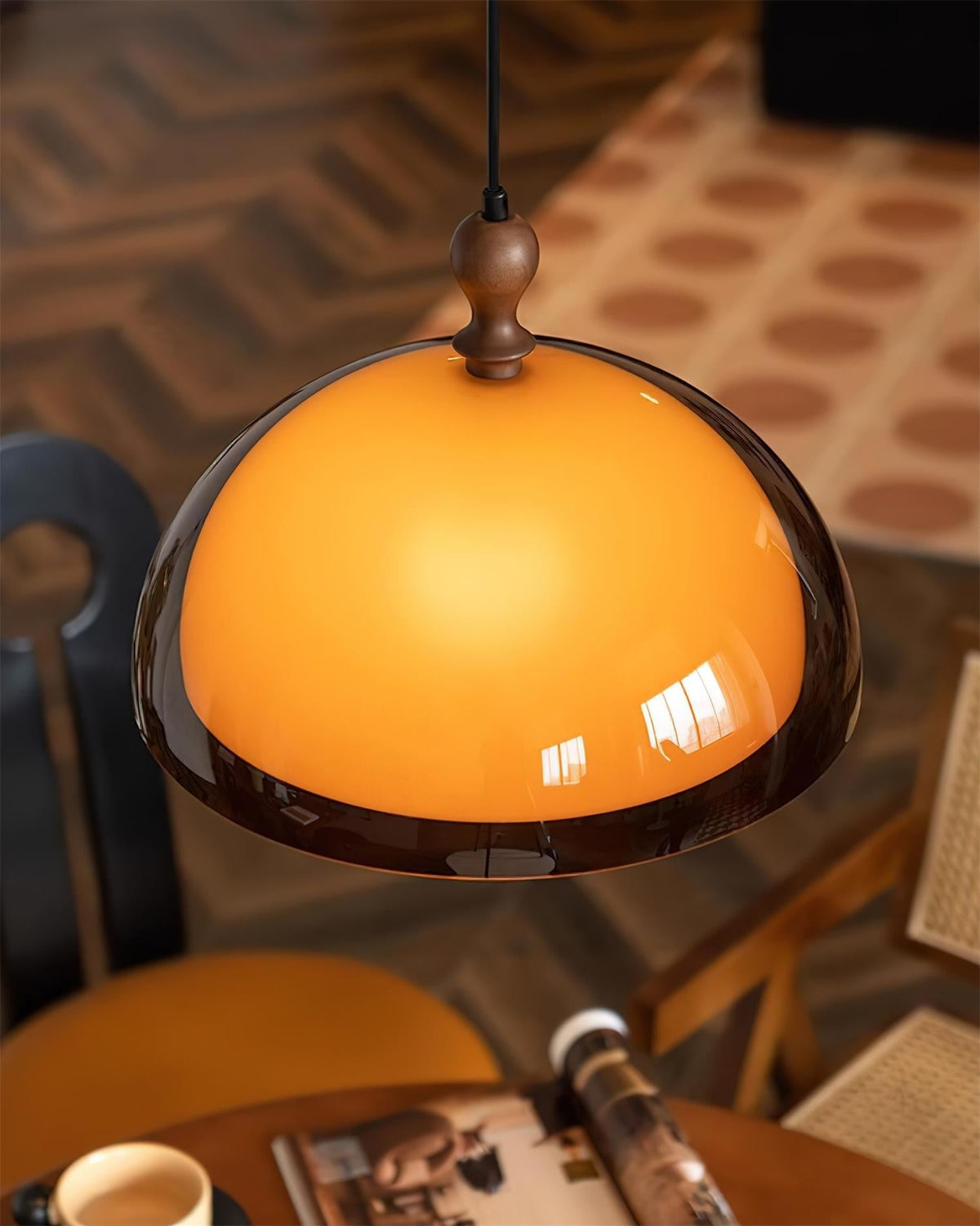 Pendant Lamp With Wood Accents And Adjustable Swing Arm For Ambient Lighting