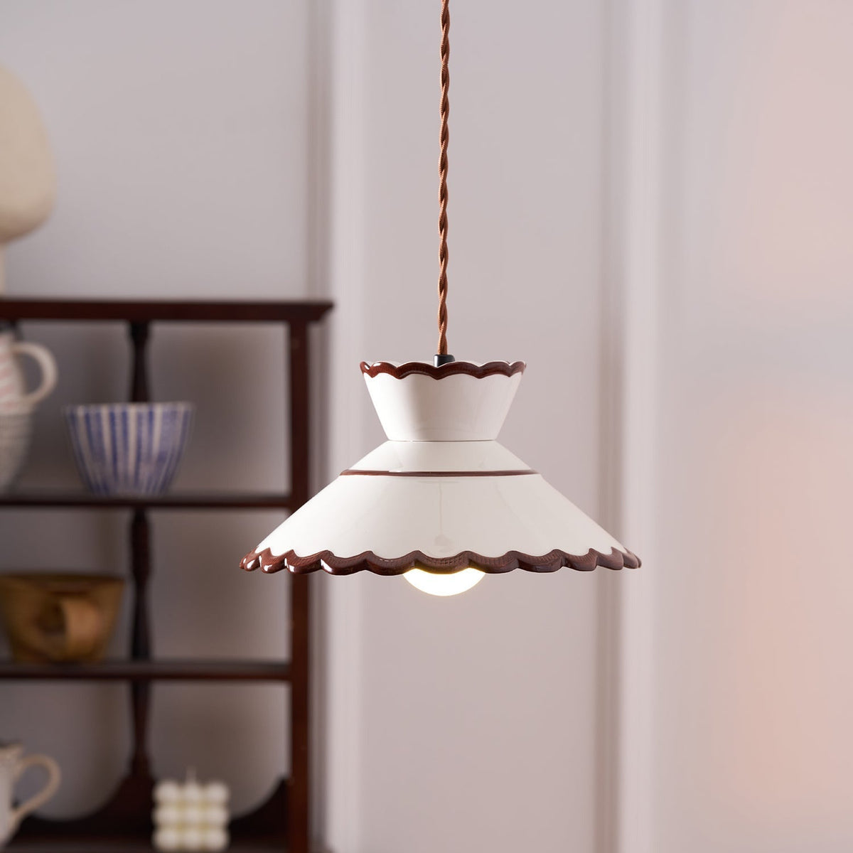Scallop Shade Pendant Light Vintage Cream Ceramic