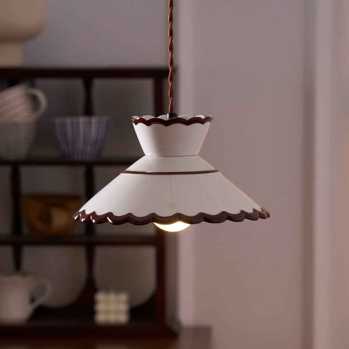 Scallop Shade Pendant Light Vintage Cream Ceramic