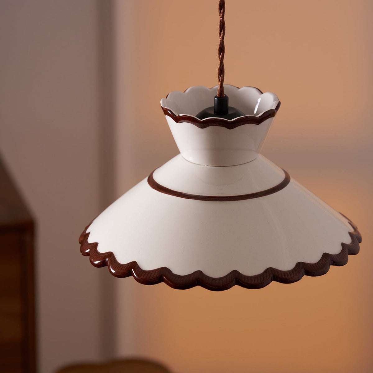 Scallop Shade Pendant Light Vintage Cream Ceramic
