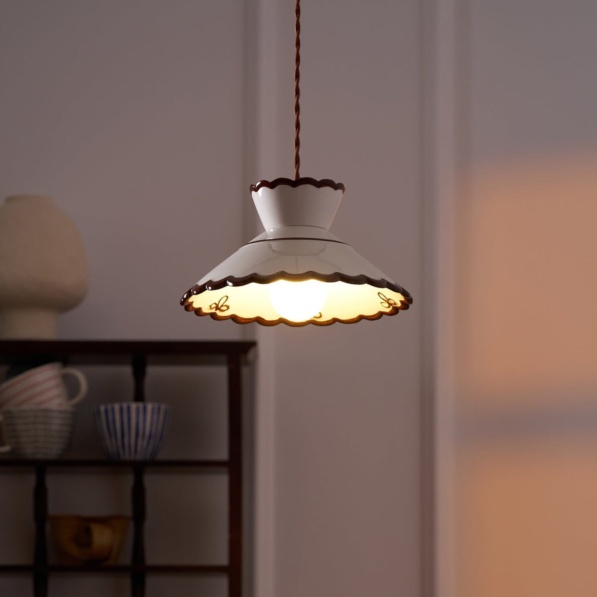 Scallop Shade Pendant Light Vintage Cream Ceramic