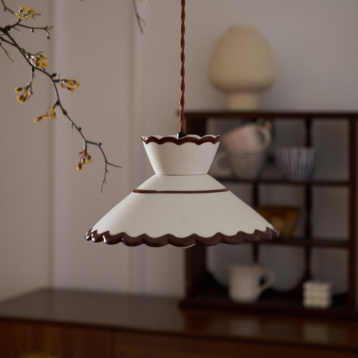 Scallop Shade Pendant Light Vintage Cream Ceramic