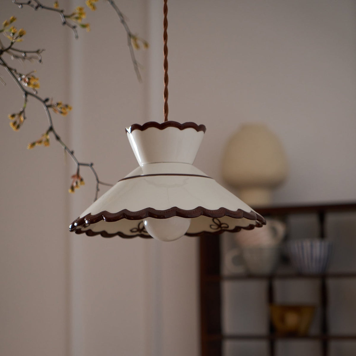 Scallop Shade Pendant Light Vintage Cream Ceramic