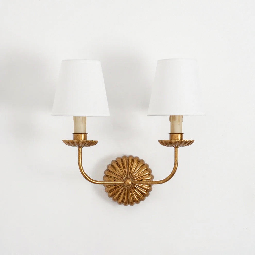 Antique Gold Leaf Backplate With Double Candle Wall Lamp