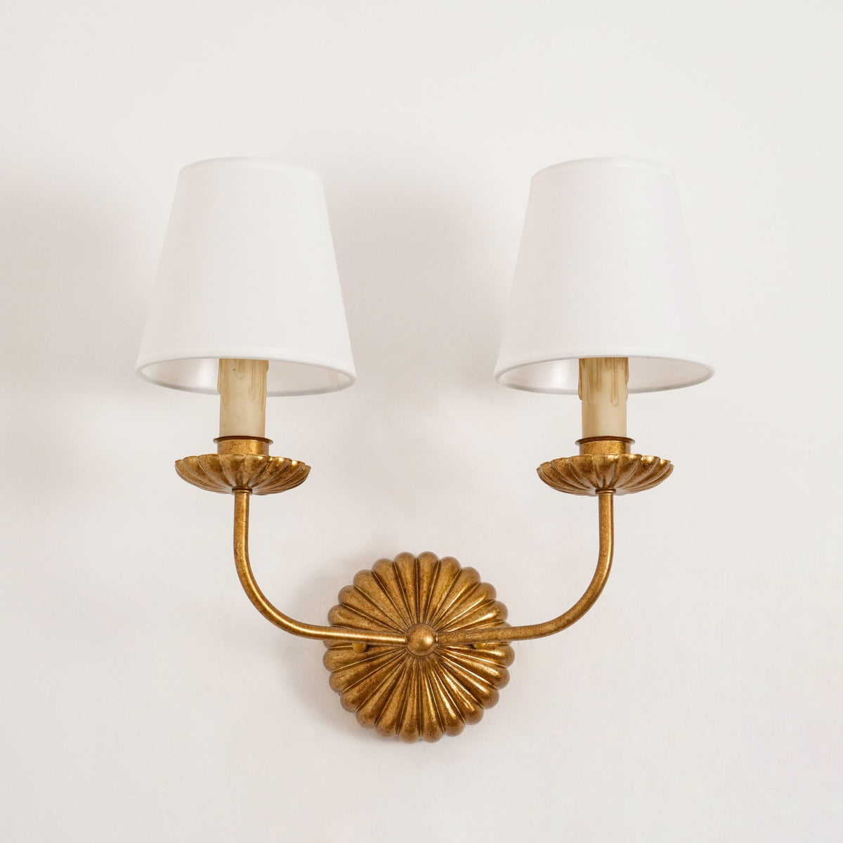 Antique Gold Leaf Backplate With Double Candle Wall Lamp