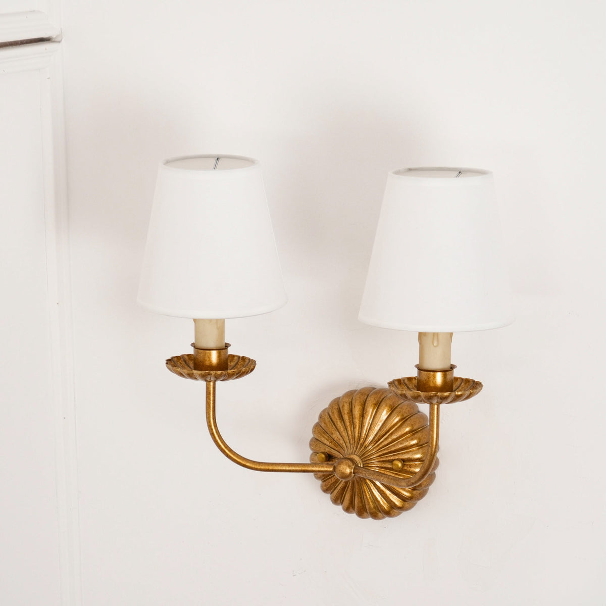 Antique Gold Leaf Backplate With Double Candle Wall Lamp