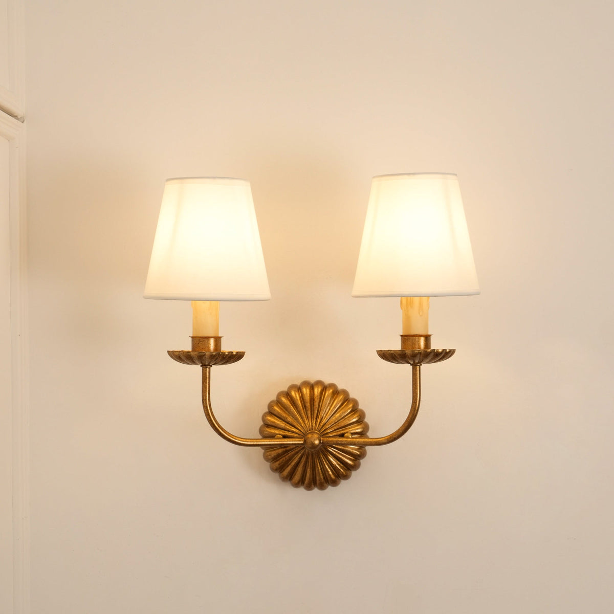 Antique Gold Leaf Backplate With Double Candle Wall Lamp