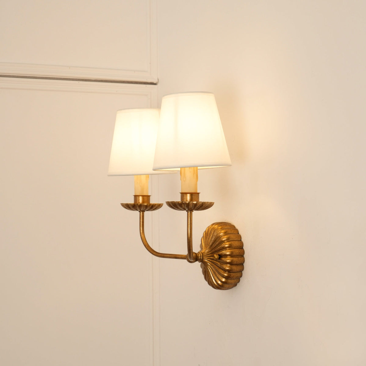 Antique Gold Leaf Backplate With Double Candle Wall Lamp