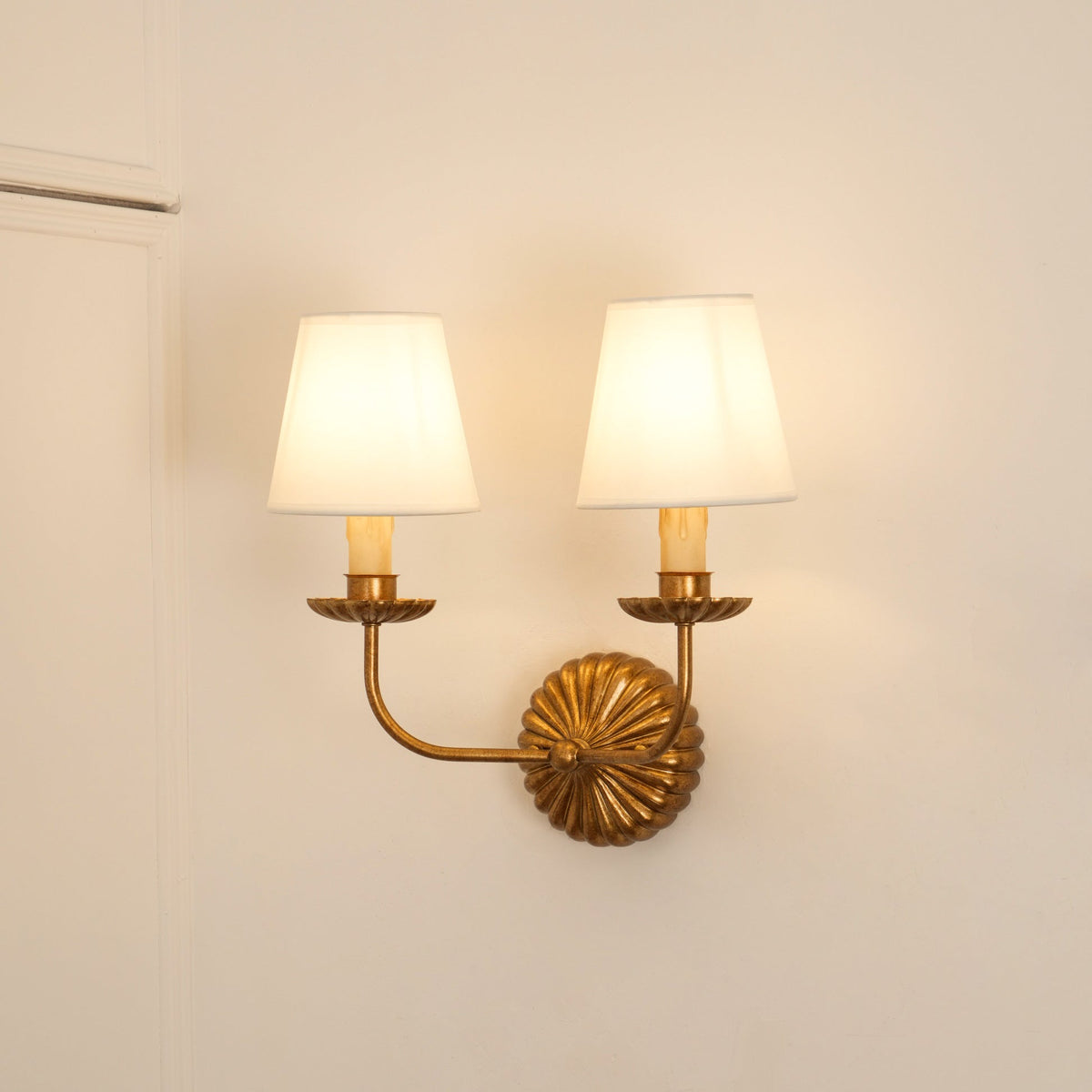 Antique Gold Leaf Backplate With Double Candle Wall Lamp