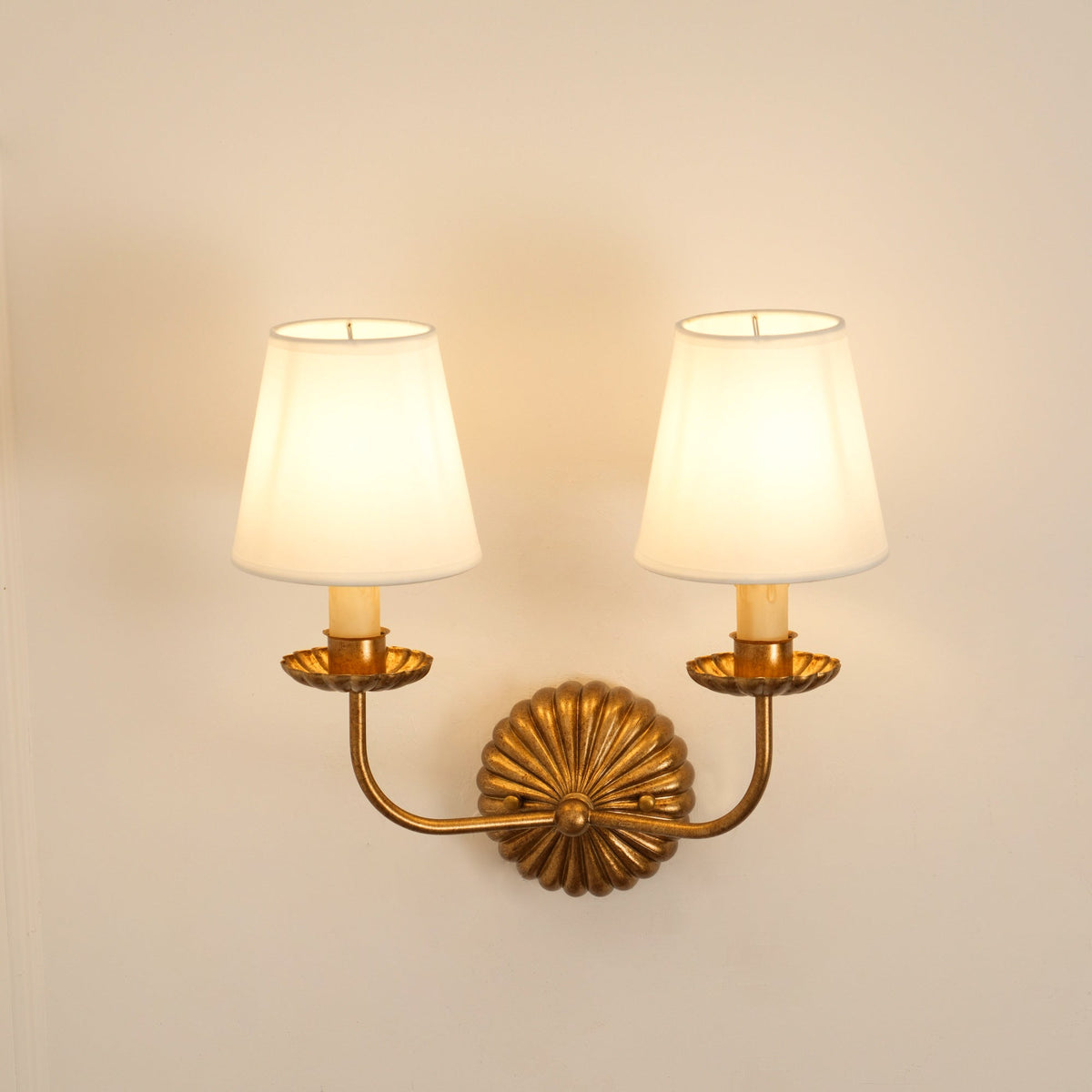 Antique Gold Leaf Backplate With Double Candle Wall Lamp