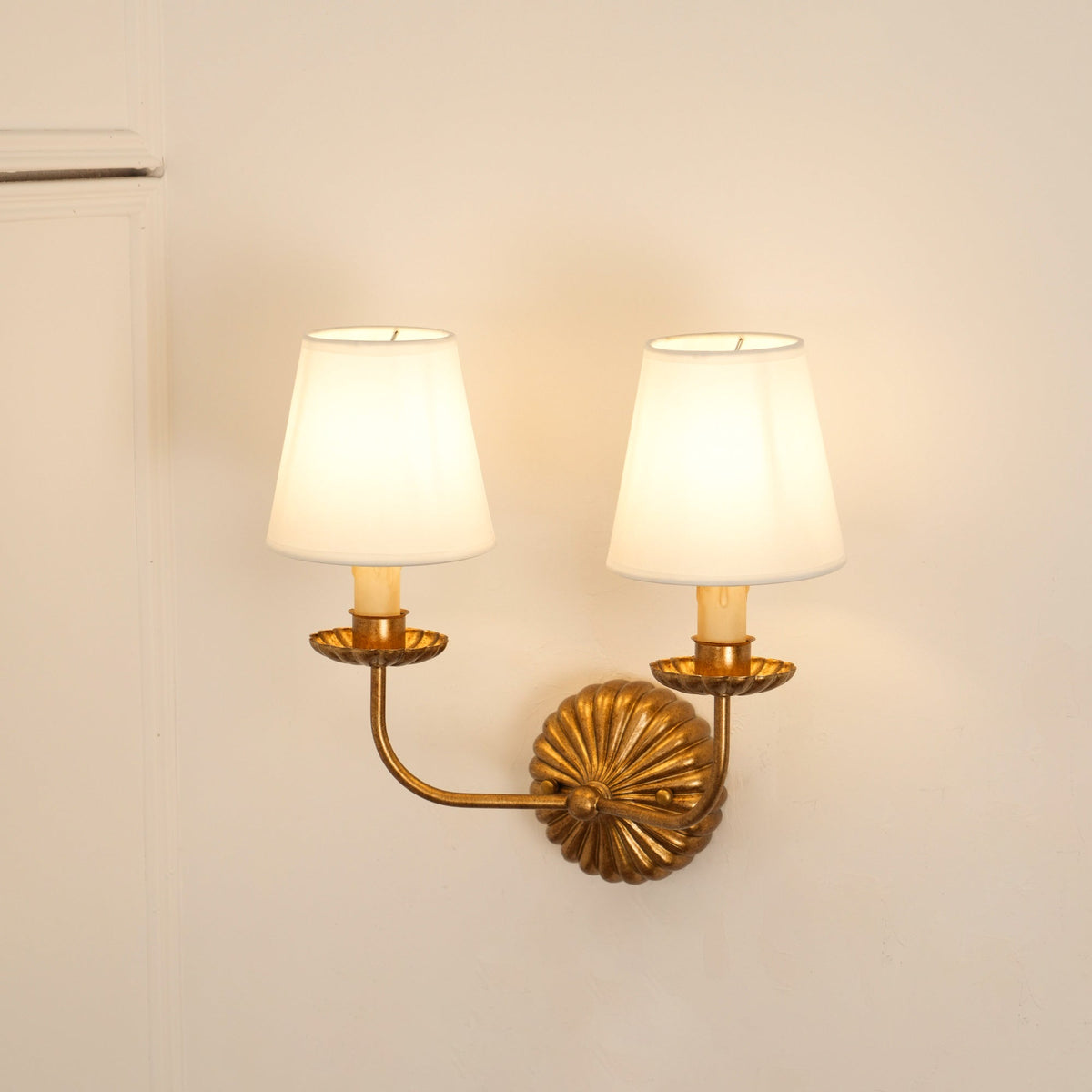 Antique Gold Leaf Backplate With Double Candle Wall Lamp