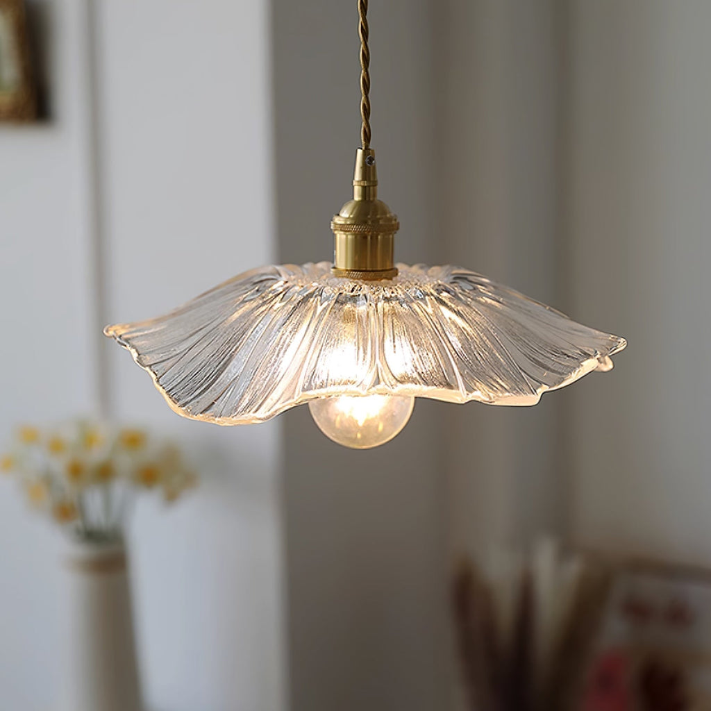 Warm Glow Petal Glass Pendant Light With Brass Accents