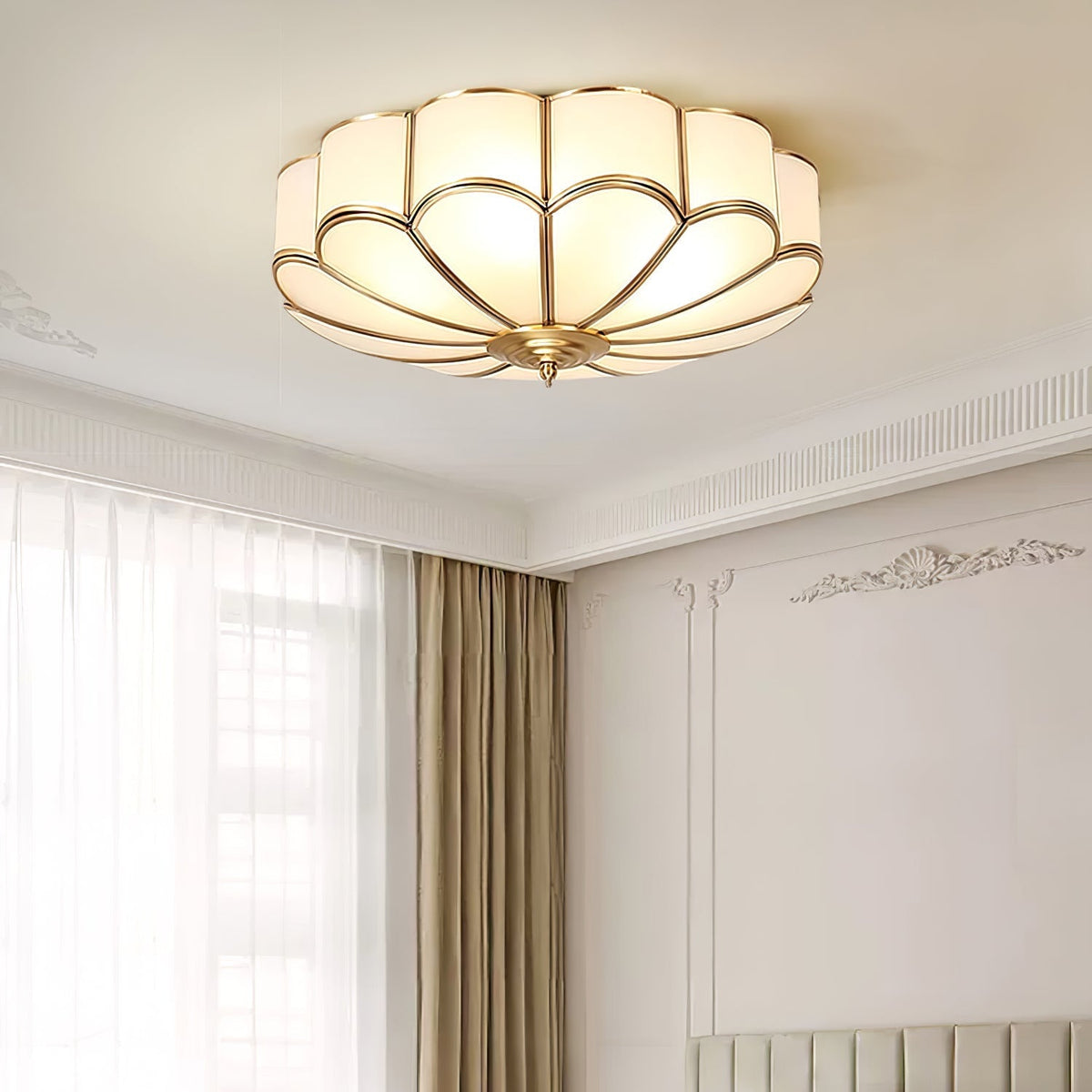 Brass Finish Frosted Glass Ceiling Light With Flower Shape