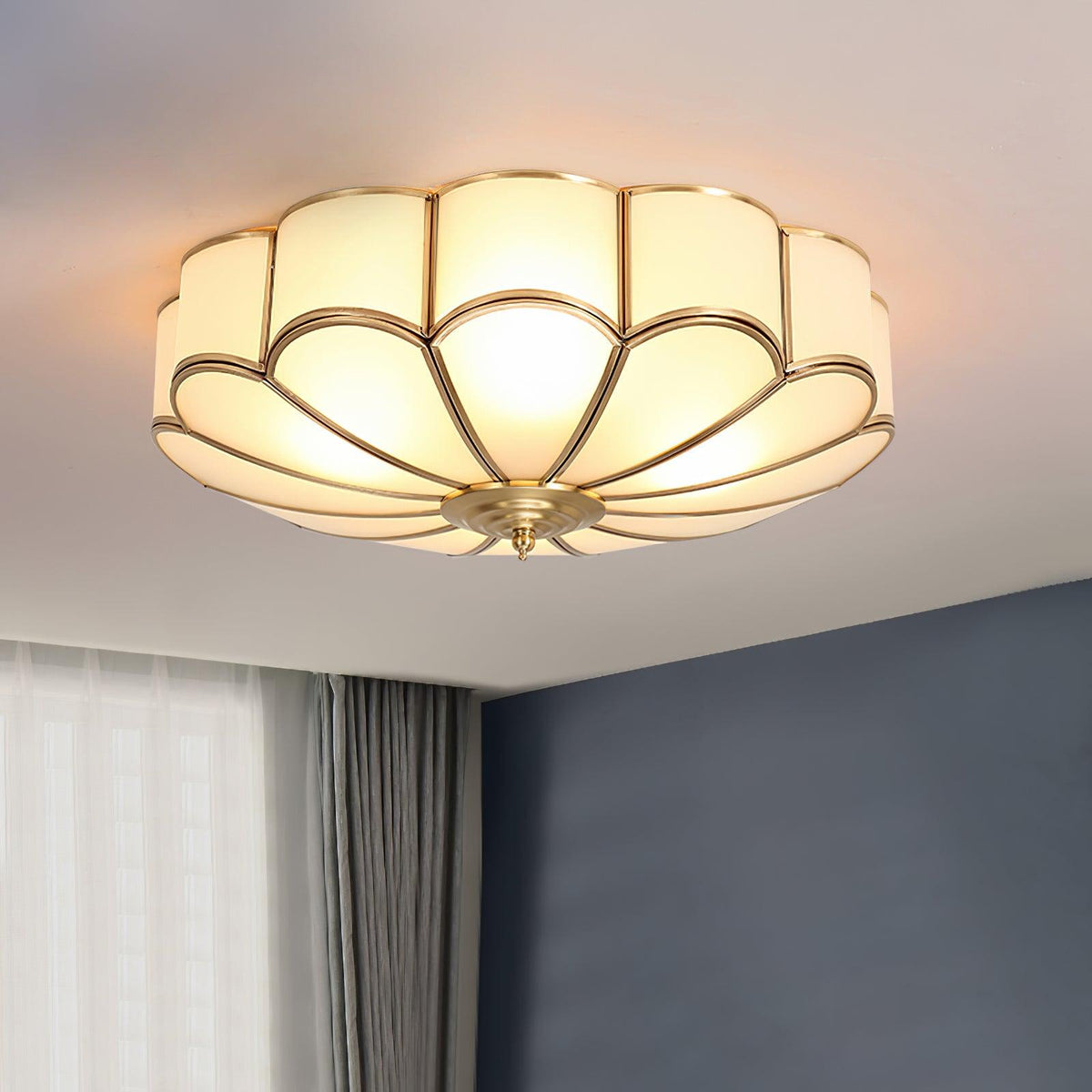 Brass Finish Frosted Glass Ceiling Light With Flower Shape