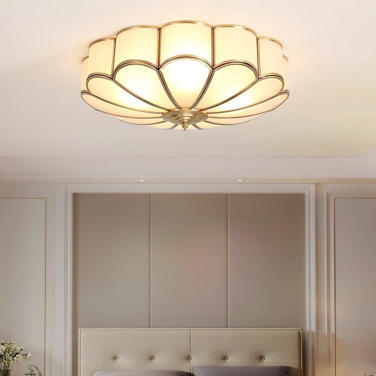 Brass Finish Frosted Glass Ceiling Light With Flower Shape