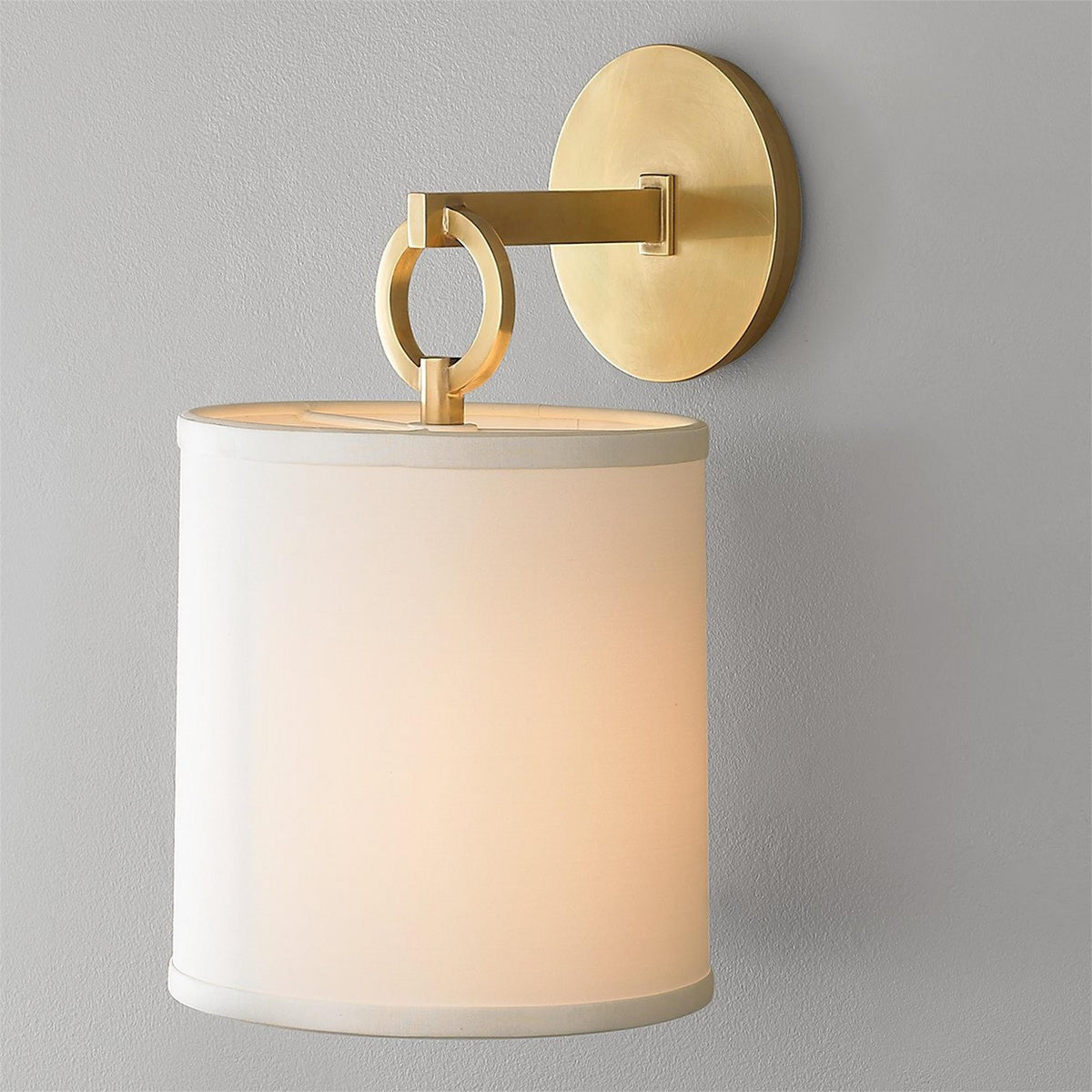 Cylindrical Fabric Shade Wall Lamp With Brass Farmhouse Ring
