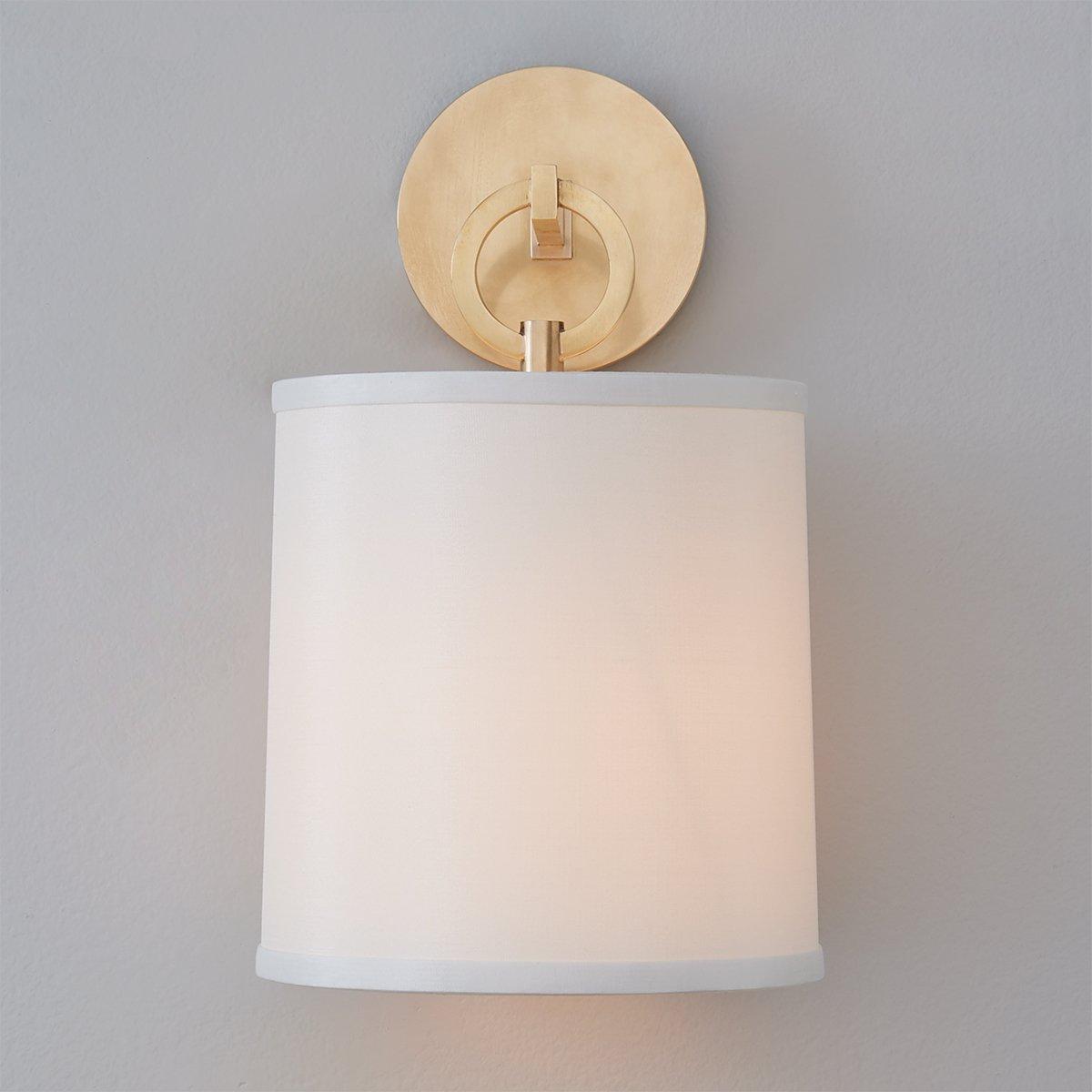 Cylindrical Fabric Shade Wall Lamp With Brass Farmhouse Ring