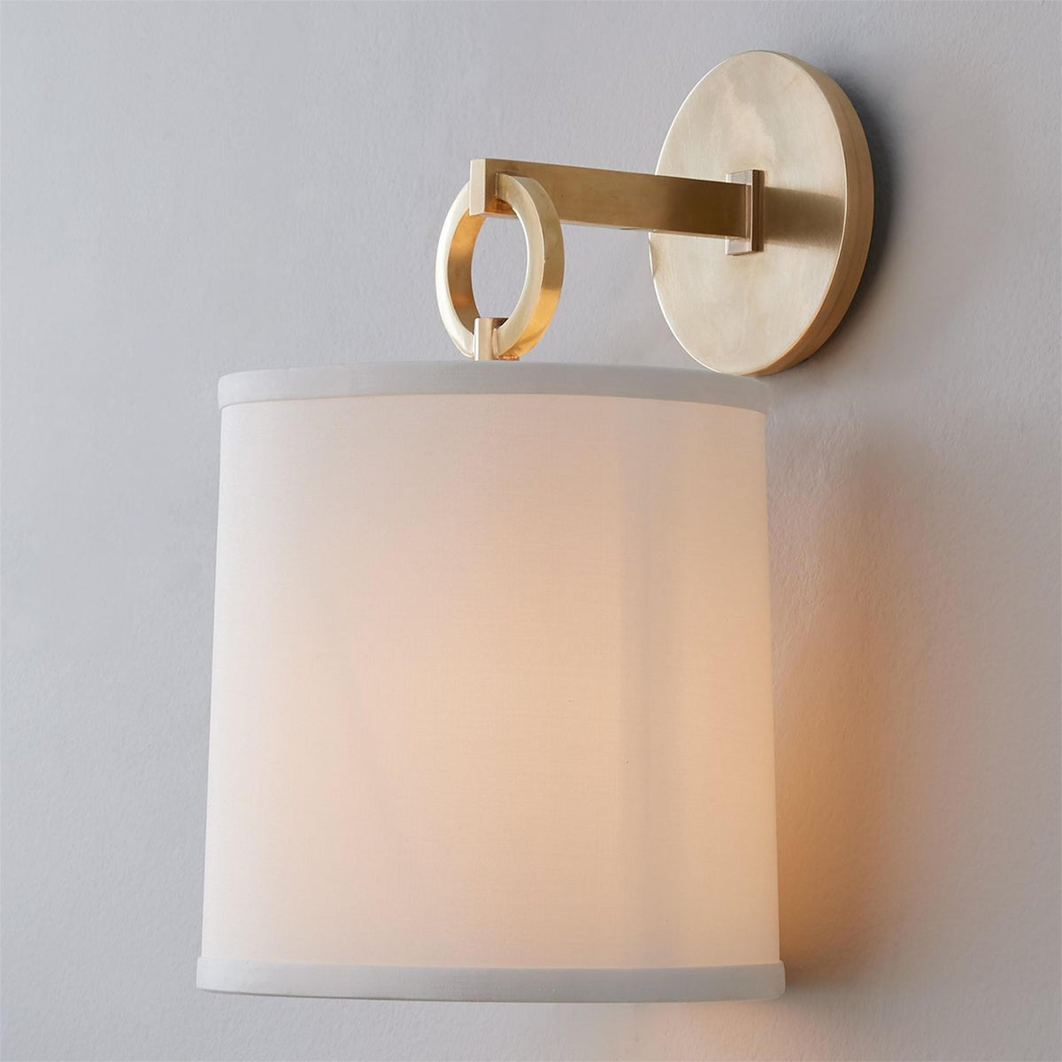 Cylindrical Fabric Shade Wall Lamp With Brass Farmhouse Ring