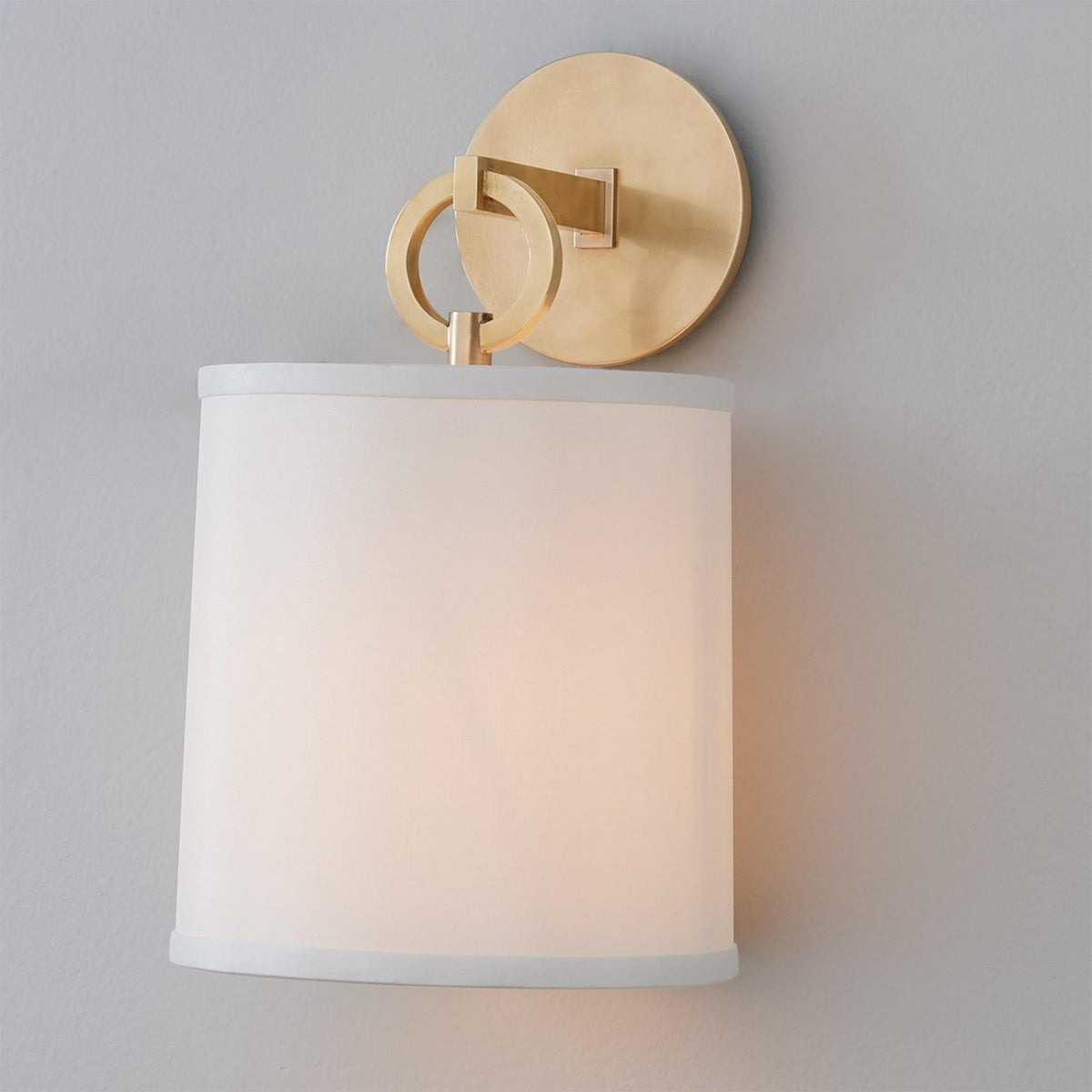 Cylindrical Fabric Shade Wall Lamp With Brass Farmhouse Ring