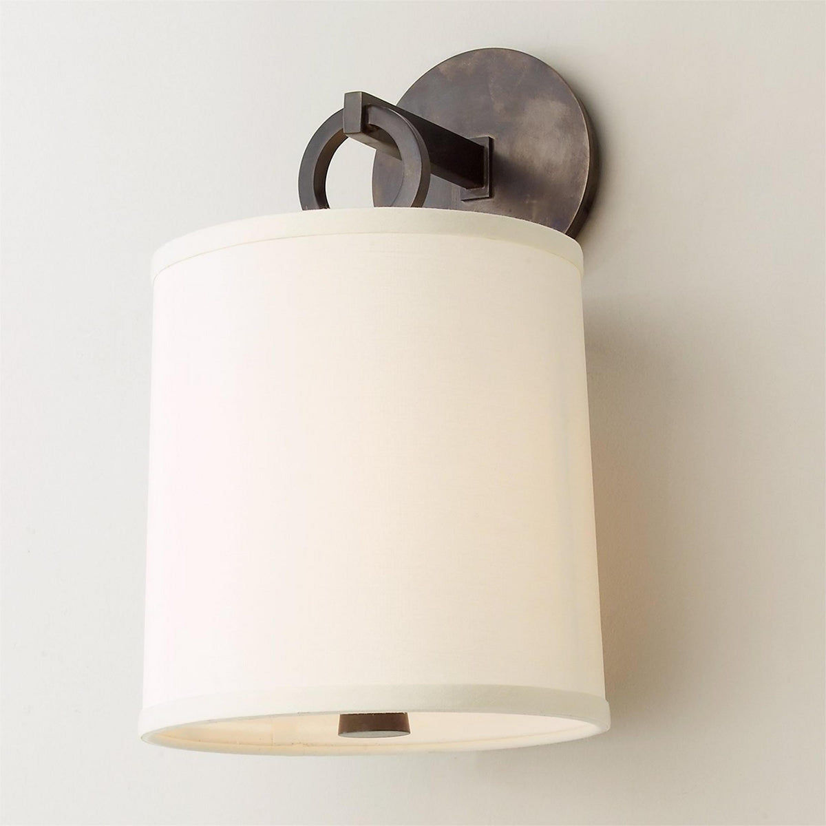 Cylindrical Fabric Shade Wall Lamp With Brass Farmhouse Ring