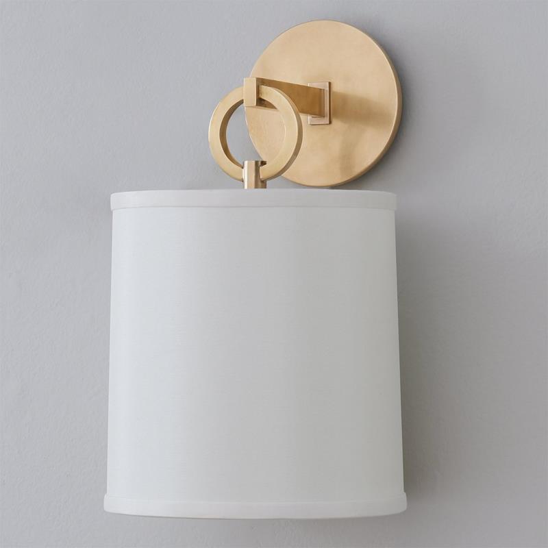 Cylindrical Fabric Shade Wall Lamp With Brass Farmhouse Ring